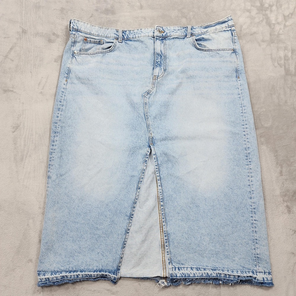 &DENIM Skirt Womens XXL Blue Denim Pencil Midi Front Slit Raw Hem High Waist